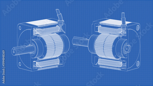 AC Servo Motor for CNC - Cross Section. Cutaway - drawing. Stepper Motor. 3D rendering isolated on blue background. 3D Mesh, Sketch, Vector style. Ideal for educational, engineering