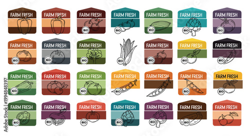 Large collection of colorful farm fresh labels features various organic vegetables and fruit icons for produce branding needs.