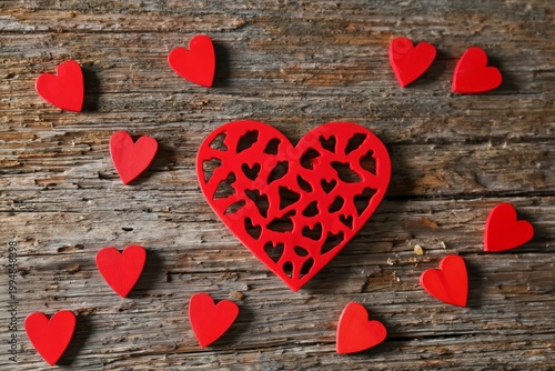 Red Heart Cushion With Smaller Hearts on Wooden Table for Decoration