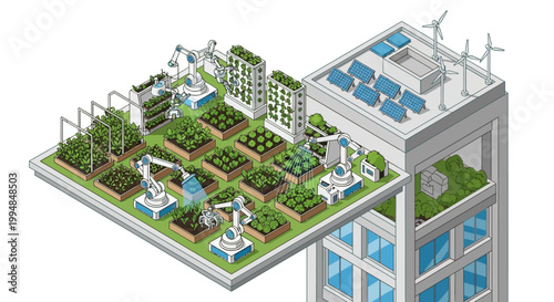Isometric Smart City Rooftop Farm with Autonomous Robots, Vertical Gardening, Solar Panels, and Wind Turbines for Sustainable Urban Agriculture