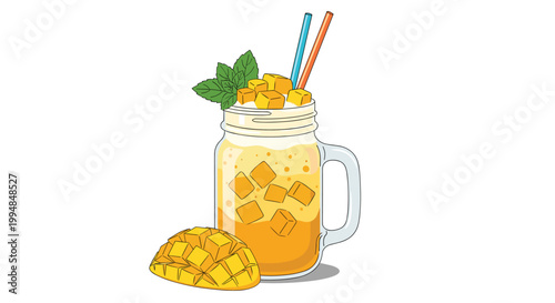 Refreshing mango smoothie in a glass mason jar is garnished with fresh mint leaves and diced mango fruit pieces for a summer snack.