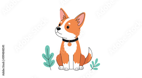 Adorable pembroke welsh corgi puppy with orange and white fur sits patiently among green leaves on a plain white background.