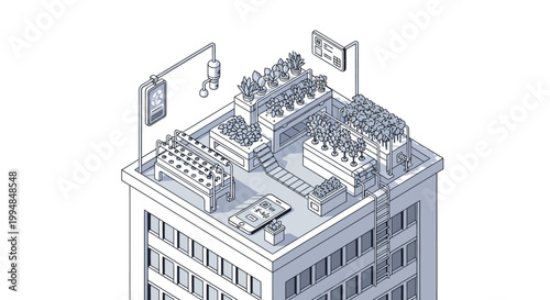 Isometric Smart Urban Rooftop Garden Illustration - Sustainable Vertical Farming and Automated Agriculture Technology Concept