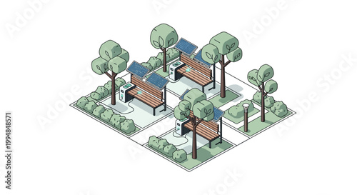 Isometric Sustainable Smart City Park with Solar Powered Charging Benches and Green Infrastructure