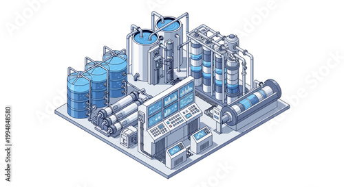 Isometric Industrial Water Treatment Plant Illustration with Filtration Tanks, Piping, and Digital Control Monitoring System