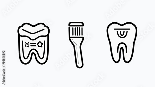 A dental icon set featuring cartoon teeth and a toothbrush. Black outline, minimalist design