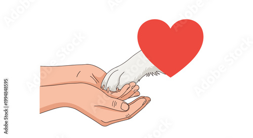 Emotional illustration shows a dog paw resting in human hands next to a red heart symbol to represent the bond of pet ownership.