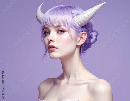 Portrait of a female demon character with purple hair and large white horns isolated on a muted violet background