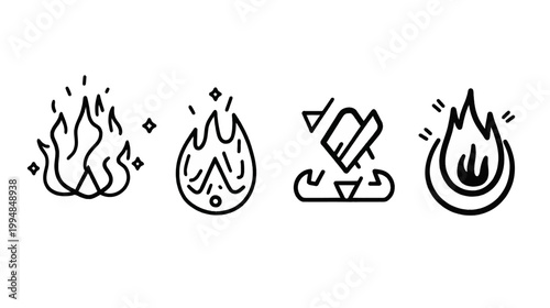 Four minimalist line-art icons depicting different fire/flame designs, all in black on white