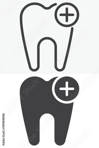 Add tooth icon with plus sign in line and outline plus solid style. Dental icon with editable stroke vector sign and symbol. Tooth icon for add, implant and treatment.