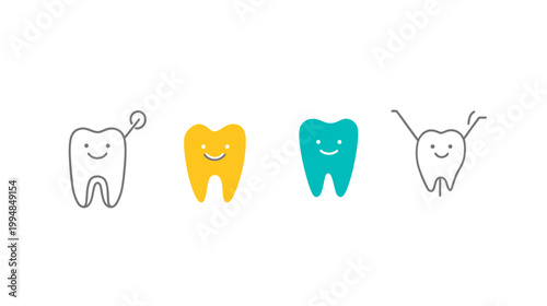 A collection of stylized teeth illustrations with variations in color and expressions on a white background