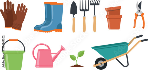 Gardening Tools Collection with Gloves, Boots, Pruners, Pots, Watering Can, and Wheelbarrow for Home Garden Design, Agriculture Projects, and Vector Illustration Set.