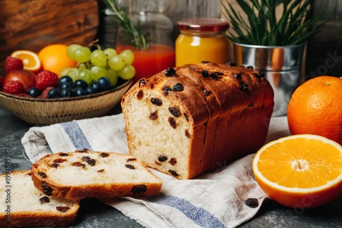 Freshly Baked Bread With Fruits and Kitchen Items on a Wooden Table