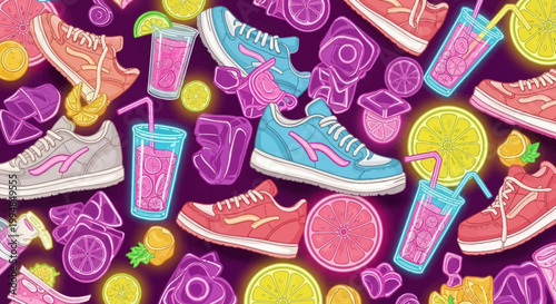 Colorful sneakers and refreshments pattern design
