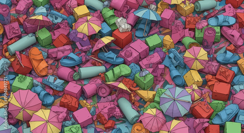 Colorful beach toys and inflatables scattered pile