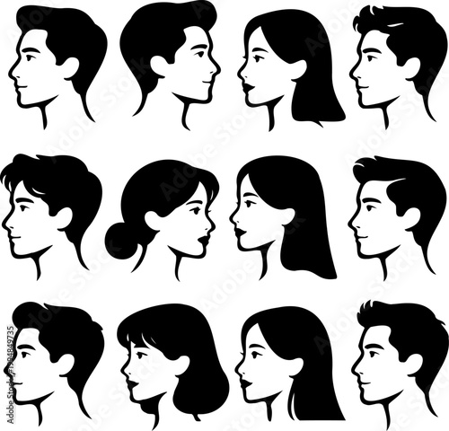Bold Black Head Profile Avatar Silhouette Set