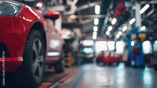 A brightly lit automotive repair workshop with red car in the foreground and technicians working along a production line