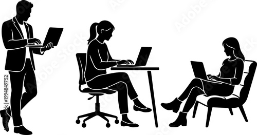 Bold Black Silhouette People Using Laptop Set