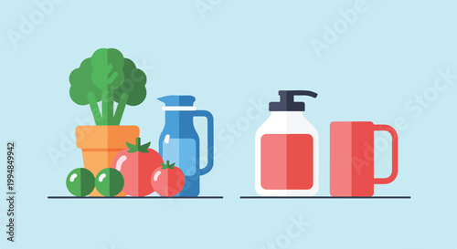This minimalist flat vector design showcases a potted green plant, fresh red tomatoes, a blue water jug, a soap dispenser, and a simple red mug.