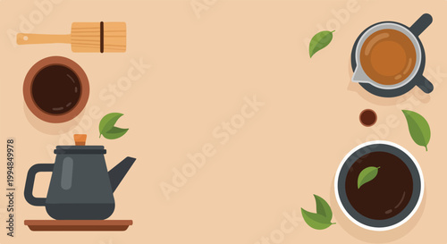 A minimalist flat-lay vector illustration showcasing various tea-making utensils and filled cups arranged around a central blank tan space.