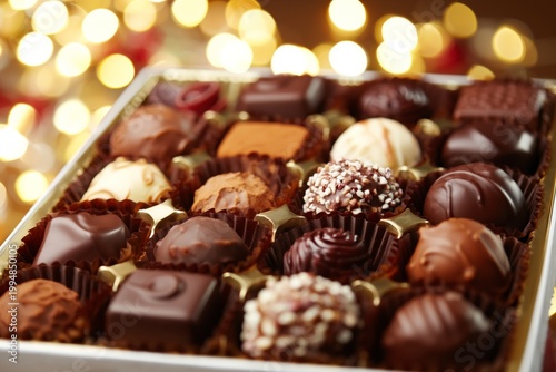 Box of Assorted Chocolate Candies With Bright Lights in the Background