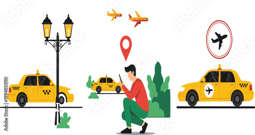 Flat Design Taxi & Airport Travel Clipart Set – Cab Service, Airplane & GPS Location Vector Illustration Bundle