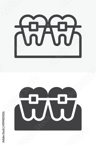 Dental braces icon set in line and outline plus solid style. Teeth alignment icon with editable stroke vector sign and symbol. Tooth icon for orthodontic care.
