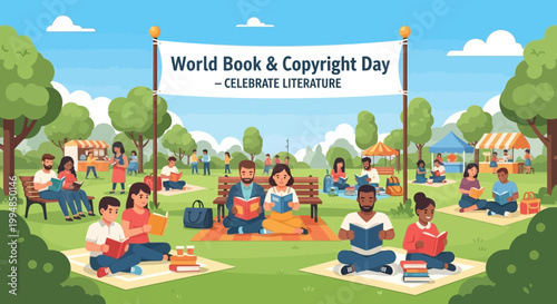 Celebrating World Book and Copyright Day with a vibrant outdoor literary gathering on a sunny day with people enjoying reading