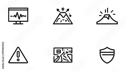 Iconic Symbols of Natural Science: A set of six meticulously crafted icons symbolizing aspects of natural science, from seismographs to volcanic eruptions and protective measures.