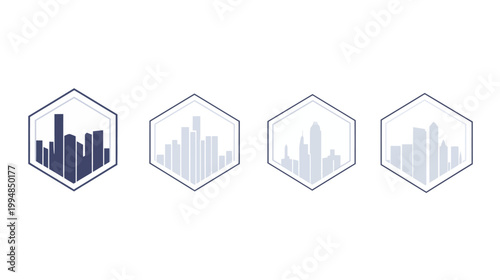Four minimalist city skyline silhouettes in hexagonal frames. Varied colors and styles. Vector graphics