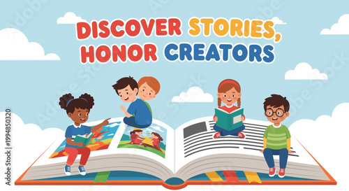 Diverse Group of Young Children Engaged in Reading, Learning, and Exploring Imaginary Worlds Through Books and Digital Stories