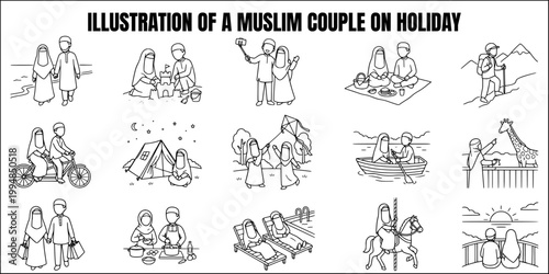 Faceless muslim couple on vacation coloring page illustration bundle