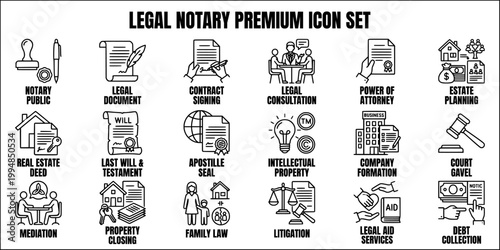Notary public, law and legal justice line art icon set