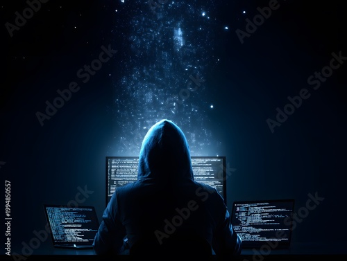 Hacker at Night Working on Multiple Screens with Digital Particles