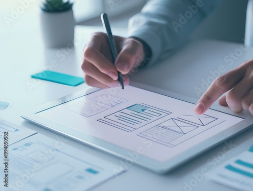 Designer Sketching Website Wireframe on Digital Tablet with Stylus