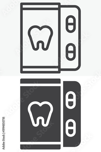 Tooth painkiller tablets icon in line and outline plus solid style. Dental medicine icon with editable stroke vector sign and symbol. Tooth icon for pain relief.