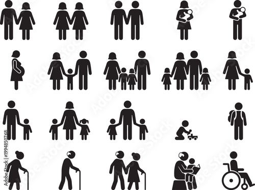 Set of various family and people icons isolated on a transparent background