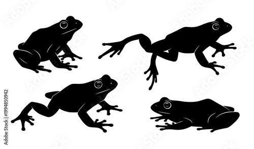 Frog silhouette set with sitting jumping crawling and resting poses isolated on white background