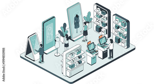 Isometric Smart Retail Store Illustration Featuring Digital Displays, Virtual Try-on Mirrors, and Automated Checkout Kiosks for Modern Future Shopping Concepts