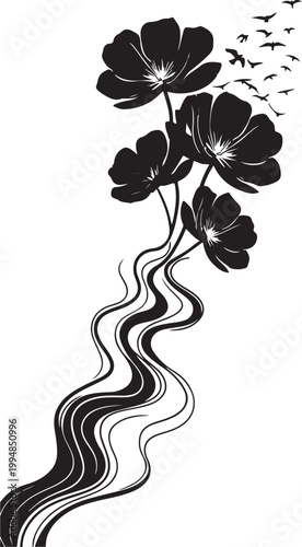 Black and white floral design with flowing hair style illustration Vector