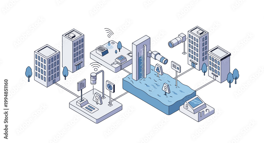 Fototapeta premium Smart City Water Management and Flood Monitoring Isometric Illustration with IoT Sensor Network and Urban Infrastructure