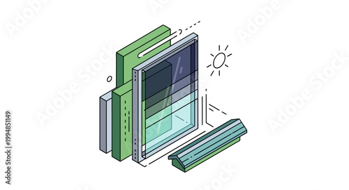 Isometric Illustration of Energy Efficient Glass and Green Building Technology for Sustainable Architecture