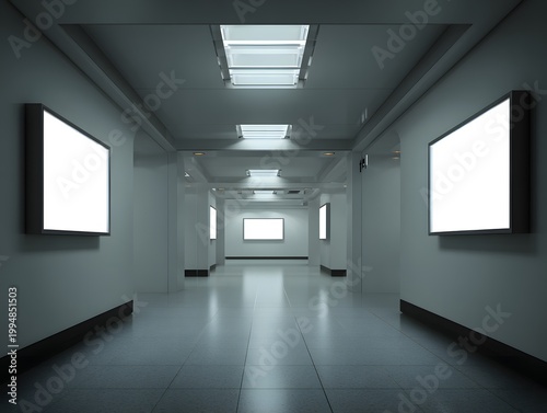 Futuristic Sci-Fi Corridor with Blank Digital Signage Mockups
