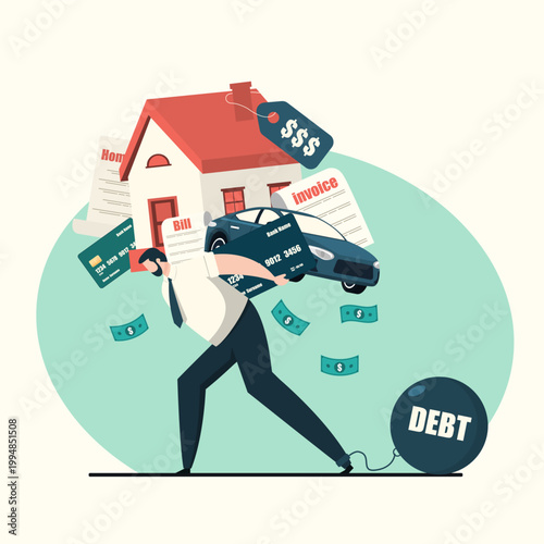 Man carrying house, car, and bills while chained to a heavy debt ball, flat character artwork.