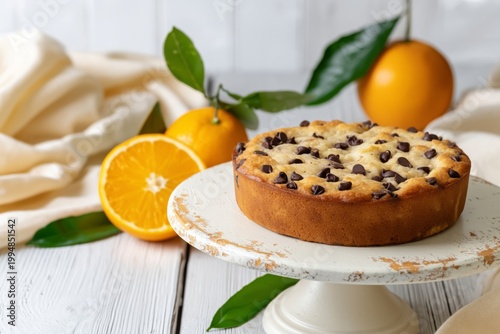 Chocolate Chip Cake Sits on a White Stand With Oranges in a Kitchen Setting D...