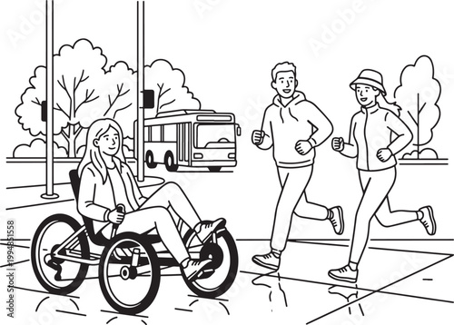 People exercising outdoors, a woman in a handcycle and two runners