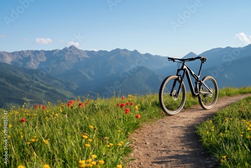 Mountain Bike on a Trail Surrounded by Flowers and Mountains During Daytime