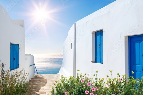 Walkway With Blue Doors and Pink Flowers in Santorini Under Bright Sun
