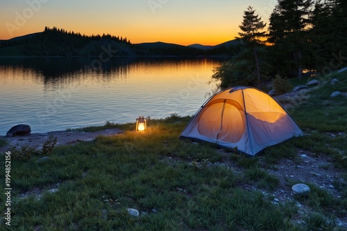 Camping Beside a Lake at Sunset With a Tent and a Lantern in the Foreground