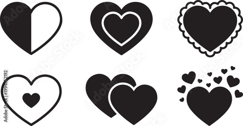 Collection of diverse heart shapes and icons, romantic symbols in flat design, vector illustration